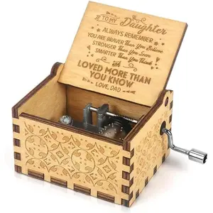 Box for Daughter , Wooden Engraved Hand Crank Musical Box to Daughter from Dad