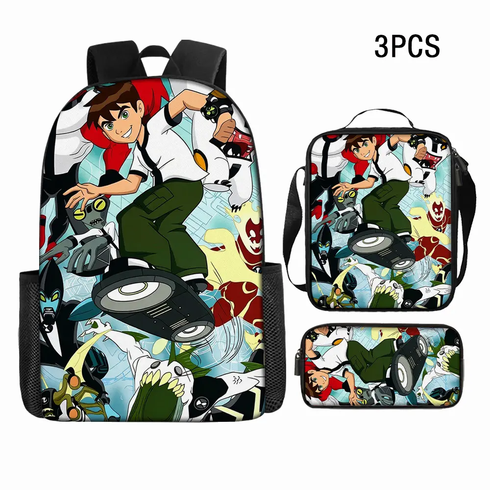 Kids' Synthetic 3-Piece Backpack Set - Durable, Water-Resistant, Lightweight Back to School Haul with Lunch Box & Crossbody/Shoulder Bag, Ben 10 Omnitrix Hero & Alien Full-Print, Vibrant Graffiti for 10-11 Years Classic Cartoon Fans (Cold Wash Safe), Kids