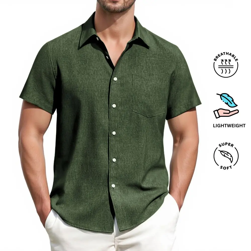 ROUWELL Men's Linen Shirts Short Sleeve Dress Shirts for Men with Pocket Vacation Beach Summer Party Wedding Casual Button Down Shirts, Lightweight Breathable Comfort Soft Fabric Spread Collar Linen Shirts for Men #TiktokShopSummerSale backtoschool