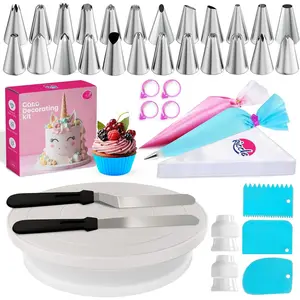 94 count Cake Decorating Kit with Cake Turntable - Includes 50 count 16 Inch Disposable + 2  Piping Bags and Tips Set, 24 Icing Piping Tips, 2 Spatulas, 3 Icing Comb Scraper, 6 Cake Liners