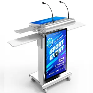23.8Inch Smart Podium with Built-in PC, Smart Digital Podiums with 32Inch LCD Display Screen, Touchscreen Podiums Height Adjustable ±150mm, Support HDMI, Wired & Wireless Mic
