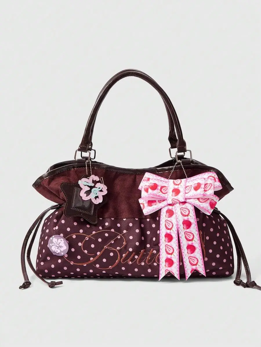 LUNA LAYER Kawaii Brown Strawberry Bow Tote Bag Y2K Polka Dot Flower Print Large Capacity