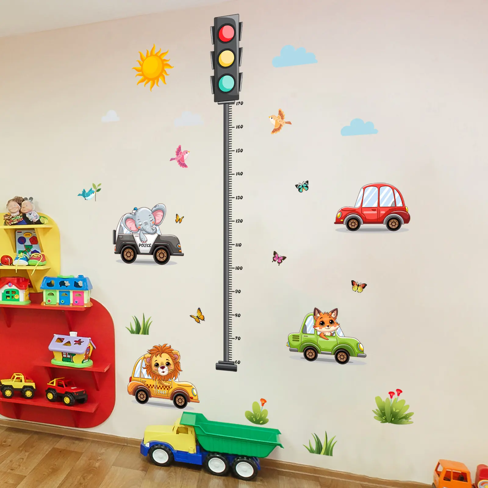2Pcs/Set (3090cm2pcs) Animals Driving Height Measurement Wall Stickers, Wall Decor for Kids Room & Kindergarten, Growth Record Decals