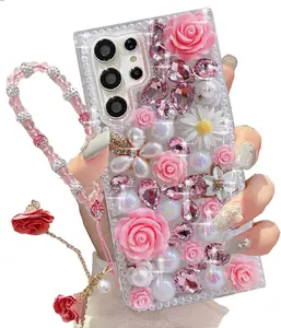 for  Galaxy S23 Ultra Glitter Bling Case,Cute Luxury 3D Sparkle  Rhinestone    with Lanyard Wrist Strap Women Girls Case for Galaxy S23 Ultra 6.8inch (Pink)
