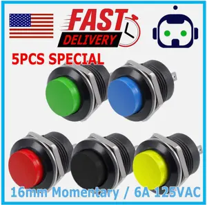 5 Color PCS Normally Open 16mm Round Momentary 2 Pins Metal Push Button Switch