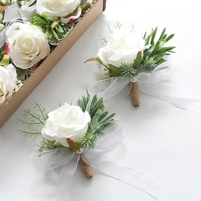 6pcs Artificial White Rose Elegant Wedding Brooch with Green Foliage Organza Ribbon Pearl Decor, Groom Groomsmen Lapel Pin for Wedding Ceremony Prom Anniversary Party