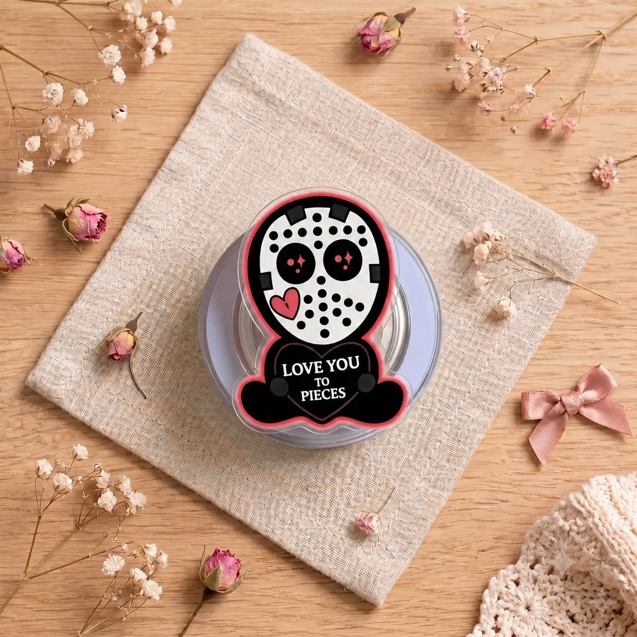 Aesthetic 2D Acrylic Spooky Hockey Mask Phone Grip, Love You To Pieces Pop Socket, Phone Stand