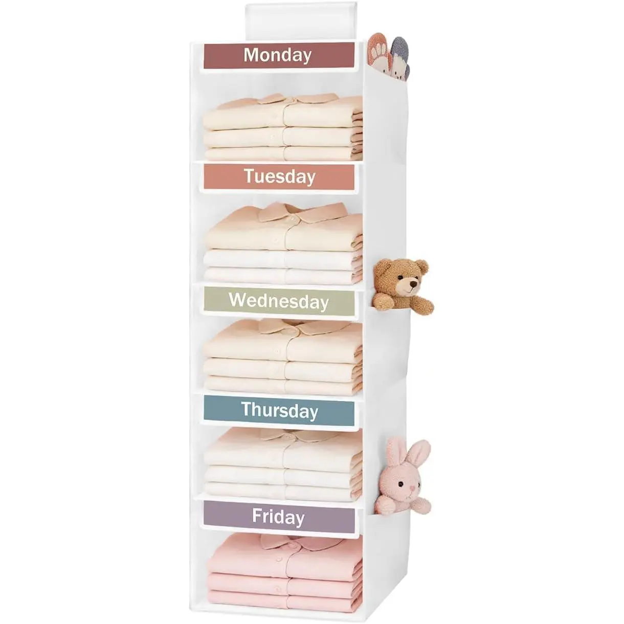 Weekly Clothes Organizer for Kids, 5-Shelf Kid Closet Organizer w/ 6 Side Pockets, Labeled Weekly Outfit Organizer for Kids, Days of The Week Clothes Organizer Monday Through Friday White