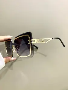 Unisex Frameless Large Glasses, Square All-Season Fashion Eyeglasses, Trendy Streetwear Decorative Eyewear, Metal Hollow Out Frame Legs Eyewear