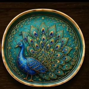 Oval Blue Peacock Tray with Intricate Design and Gold Trim