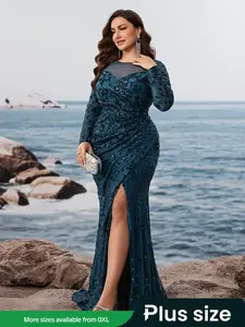Elegant Round Neck Plus Size Mesh Sequins Long Sleeve Formal Evening Dress, Perfect for Parties and Weddings, Women's Fashion Gown