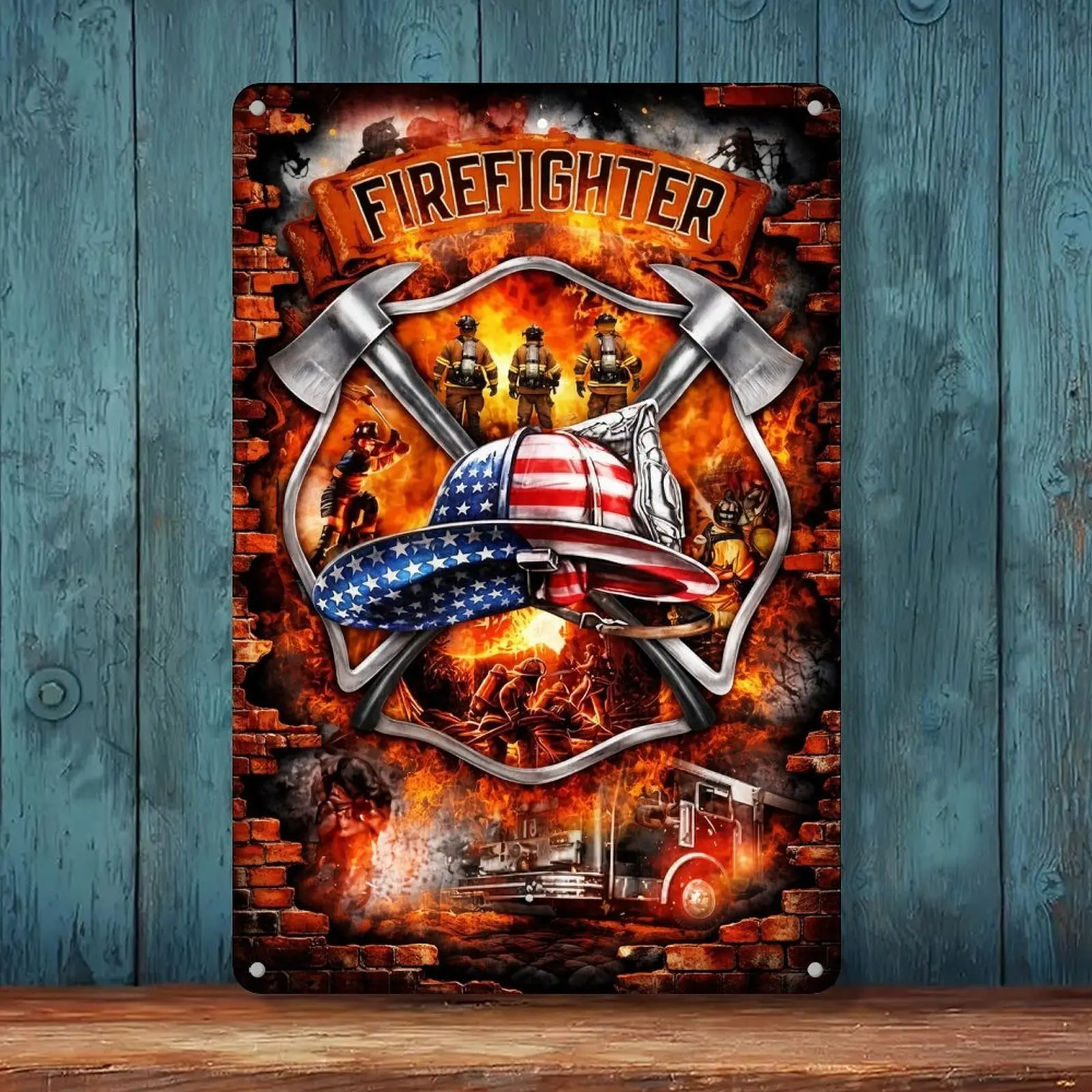 12x8Inch Aluminum Metal Sign American Firefighter Wall Decor Poster Fire Station Man Cave Gift