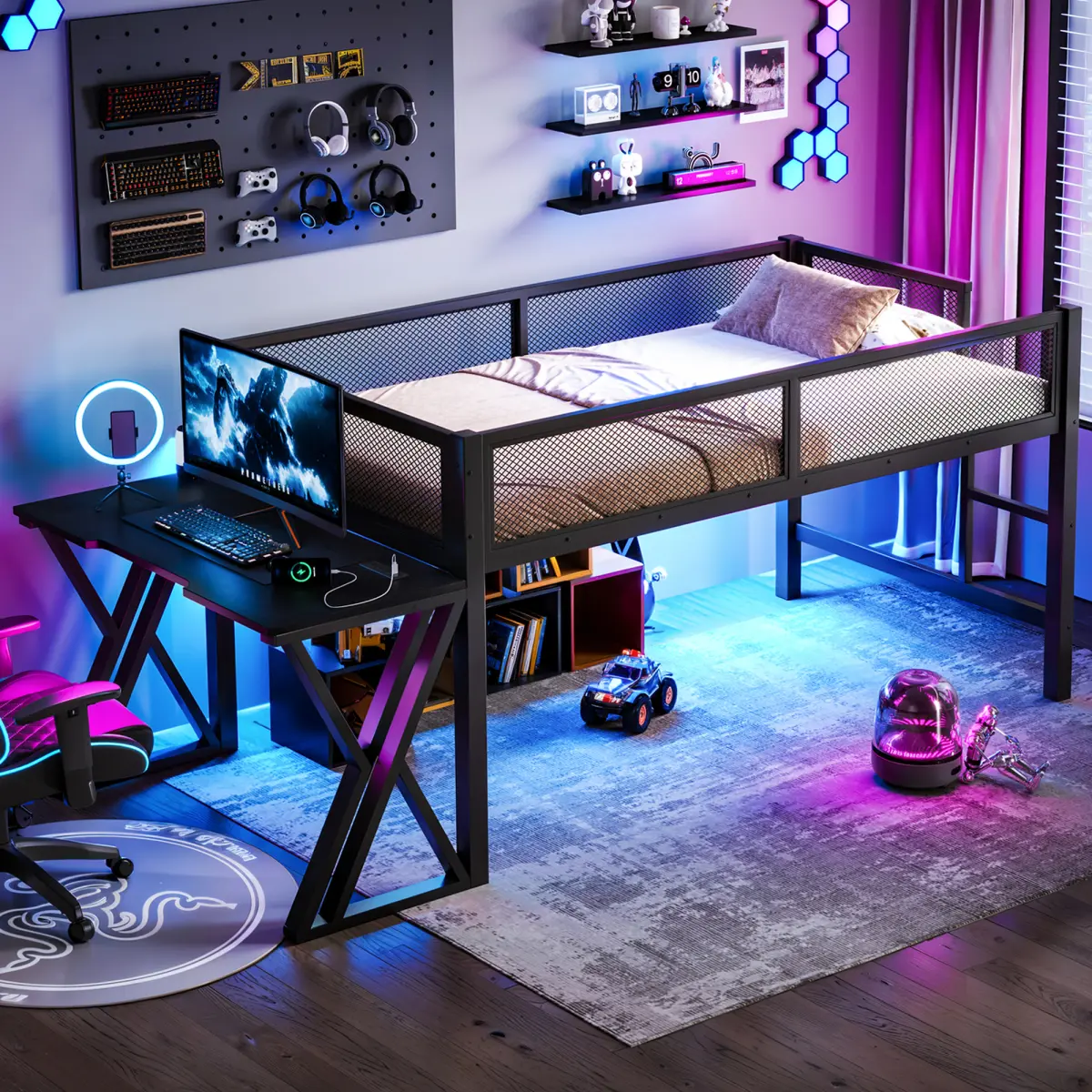 [Bellemave] Twin XL Gaming Low Loft Bed with Desk of X-Shaped Leg ,LED Lights, USB Ports, Staircase & Mesh Guardrail, Space-Saving Elevated Bed for Dorms, Bedrooms, & Gaming Setups