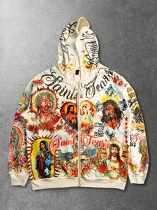 Vintage Saint Tears Religious Full Print Zip Hoodie, American Streetwear Distressed Jesus & Mary Print, Loose-Fitting Fall&winter Sweatshirt, Graphic Sweatshirts