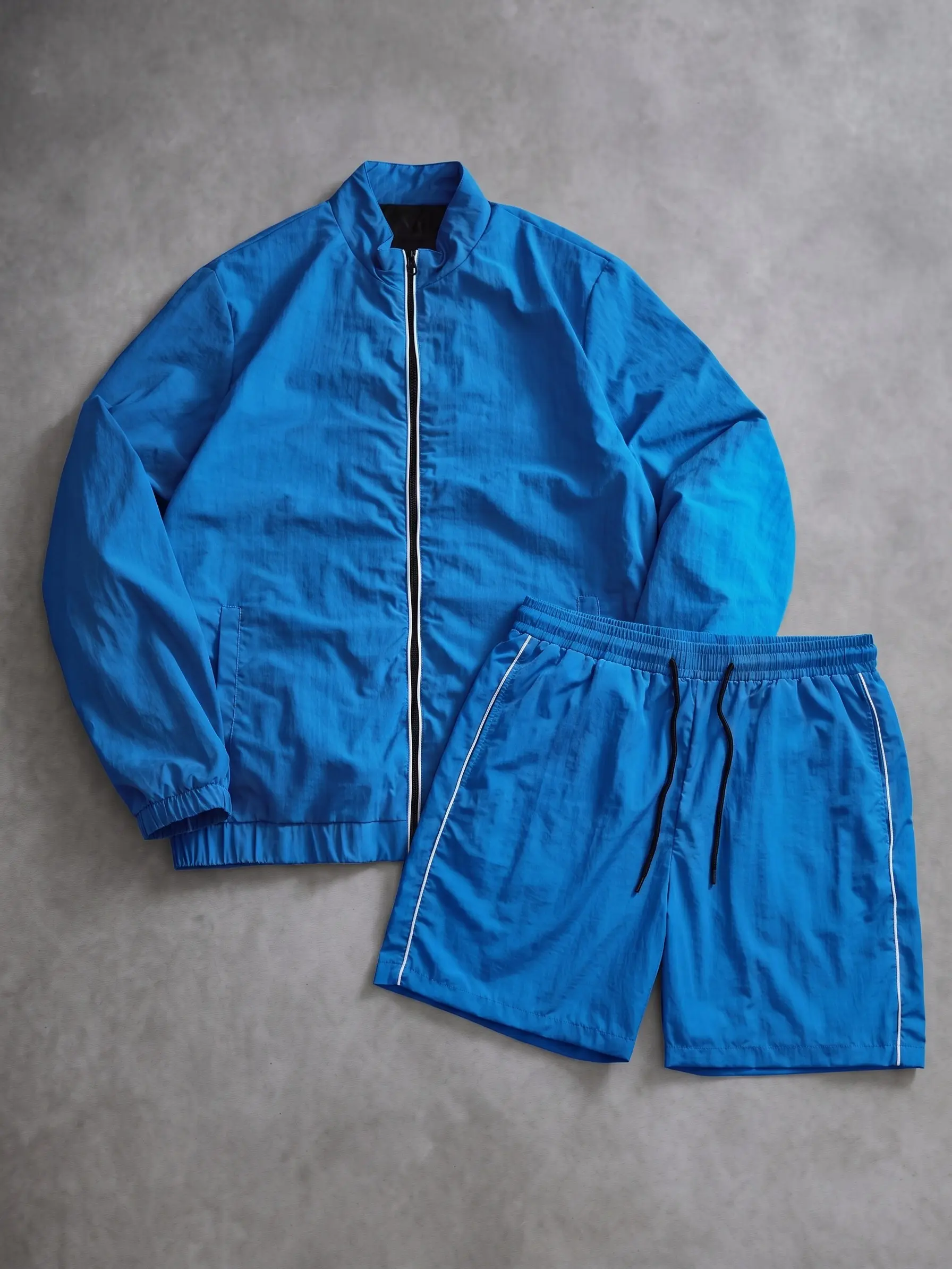 Stand Collar Zip Jacket & Shorts Two-Piece Set, Side Contrast Topstitching, Men’s Lightweight Casual Sport Commuter Outfit