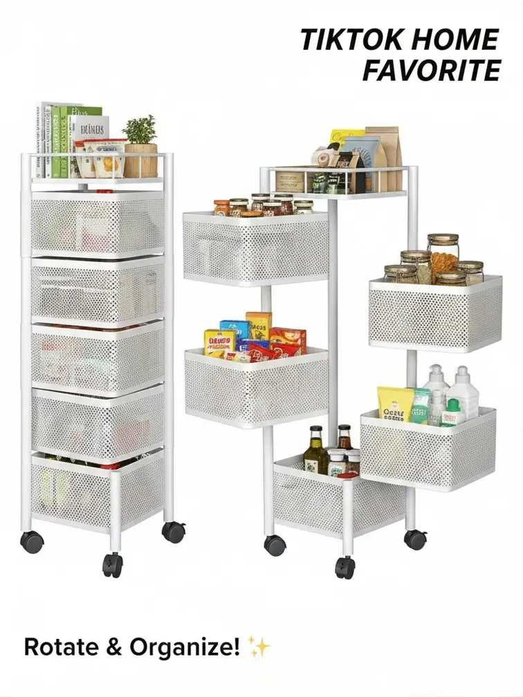 5-Tier Rotating Square Metal Indoor Kitchen Storage Rack with Wheels, Multi-Layer Utility Cart with Fruit Vegetable Baskets, Floor-Standing Organizer for Kitchen/Bath