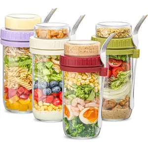 24 oz Glass Meal Prep Containers 4-Pack with Lid & Dressing Cup - Leak Proof Salad Jars & Overnight Oats Containers with  Stainless Steel Fork Included for  the Go Lunch, Work, Fitness