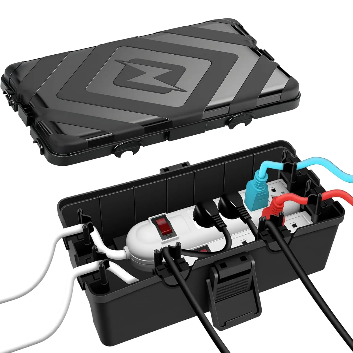 Black Durable Medium Polypropylene Plastic Electrical Organizer Box - IP54 Rated, Rubber-Sealed Lid, Latch, 6 Flexible Cable Entry Ports, 2 Key Features, Fits Bulky Plugs & Power Strips, for Patio Lighting, Backyard Events, Outdoor Cameras