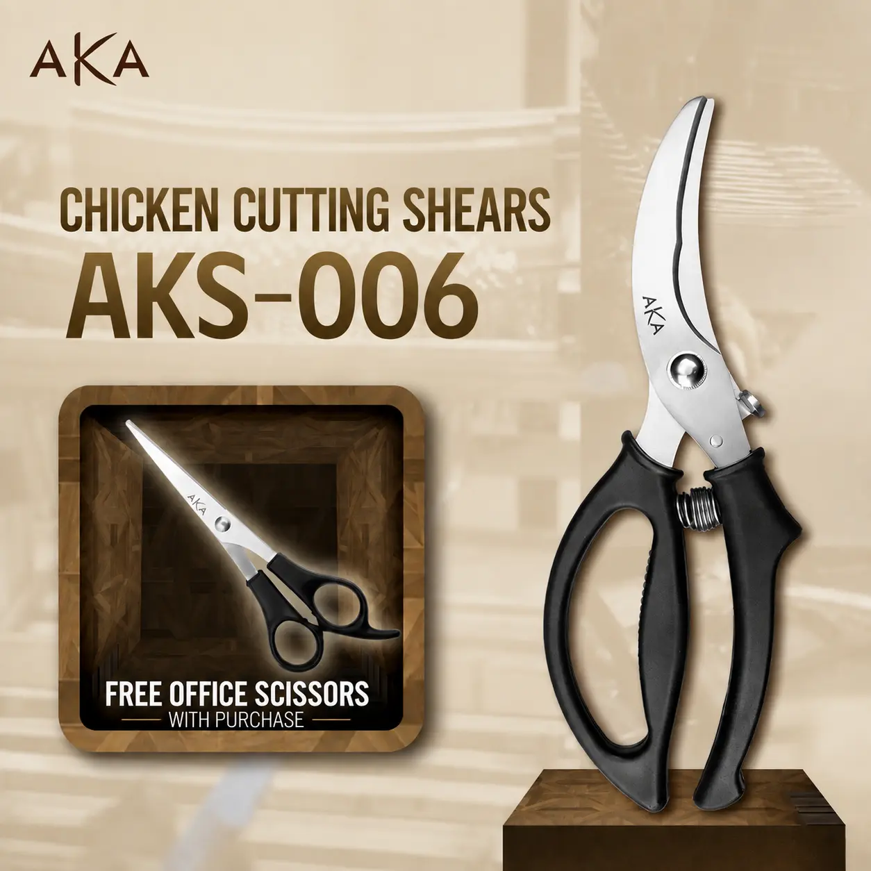 [5-YEAR WARRANTY] AKA Chicken Cutting Scissors AKS-006 Japanese SUS 420J2 Steel, Specialized for Cutting Chicken and Duck Bones Easily. Size 24.5x8x2cm. Color: Black