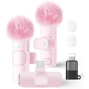 Wireless Lavalier Microphone for iPhone iPad and Android Phone, 2 Pack Lapel Mic Plug and Play Wireless Mic Noise Reduction Microphone for Video Recording Interview Podcast Vlog YouTube Tiktok (Pink)