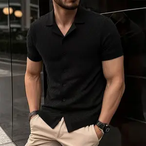 Men’s Cuban-collar knit short-sleeve shirt Summer wavy cutout cardigan Casual breathable top