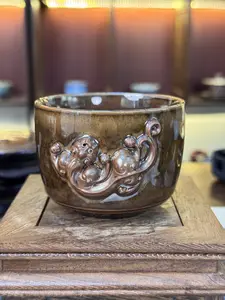 Handcrafted 3D Pi Xiu Relief Tea Cup Jun Kiln Glaze Chinese Kung Fu Ceramic Teacup for Traditional Ceremonies
