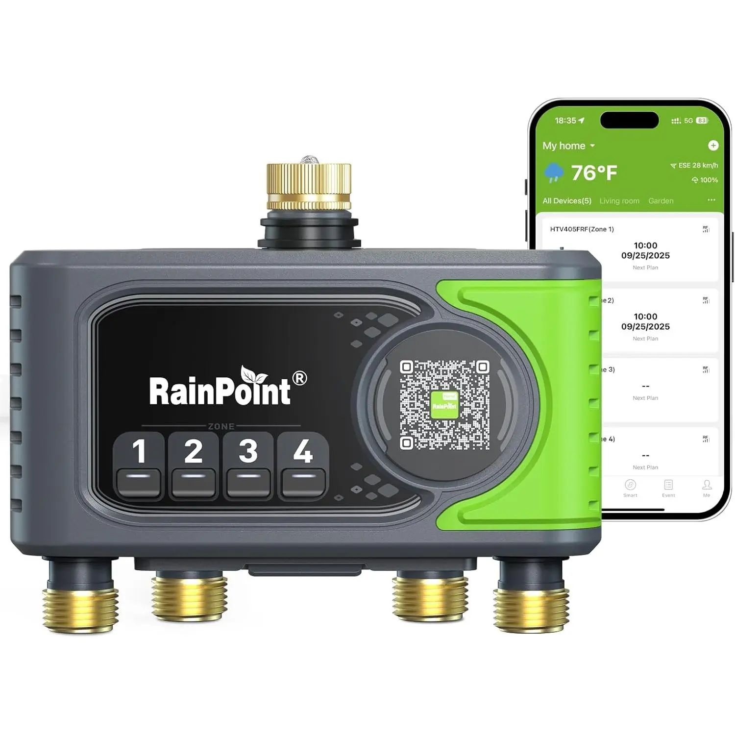 RAINPOINT WiFi 4-Zone Outdoor Smart Sprinkler Timer with Brass Inlet&Outlet, App/Voice Control, Custom Programs for Water Sprinklers, No-Hub Automatic Garden Watering System Accessory