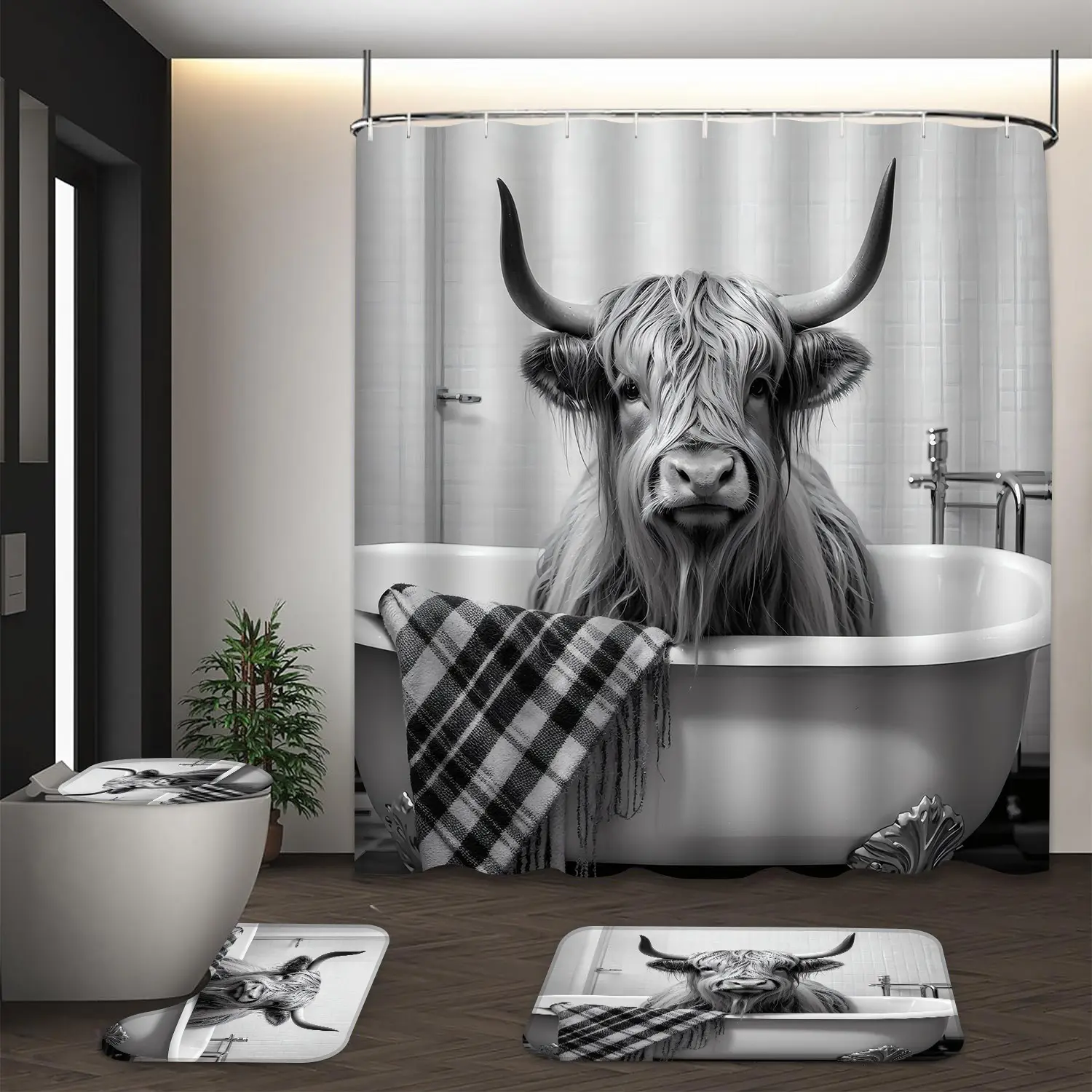 LVRLVR 4pcs Highland Cow Bathtub Plaid Towel Humorous Black White Bathroom Set with Shower Curtain, Bath Rugs and Hooks - 70.8"×70.8" (180×180cm) Shower Curtain Sets