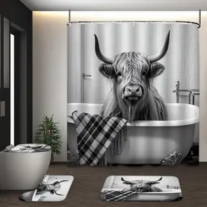 LVRLVR 4pcs Highland Cow Bathtub Plaid Towel Humorous Black White Bathroom Set with Shower Curtain, Bath Rugs and Hooks - 70.8"×70.8" (180×180cm)