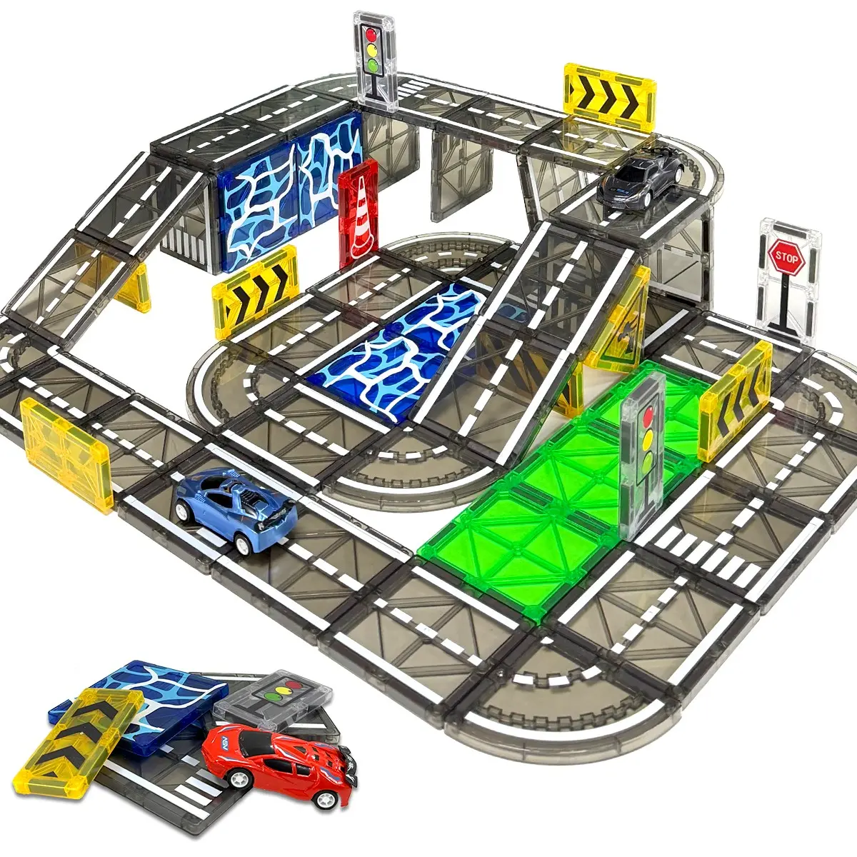 Magnetic Blocks Road Set, Large Clear Color Magnetic Building Blocks with Car, Building Kit, Building Block Sets, Creative Stem 2 in 1 Water & Land Road for Ages 3+, Fun Learning Toys for Kids, Magnetic Building Tiles