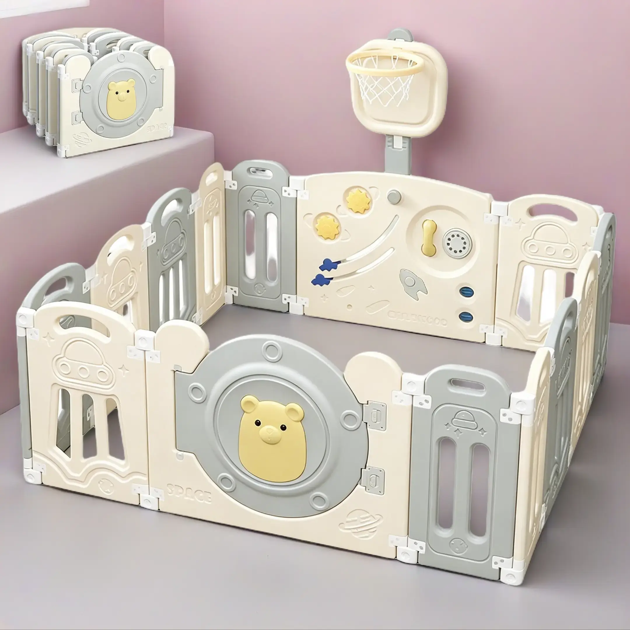 Gray White 14-Panel Plastic Baby Playpen for 2 Years Above - BPA Free, Portable, Foldable Toddlers Safety Fence with Lock Door, Adjustable Basketball Hoop, Adjustable Game Panel, Indoor & Outdoor Developmental Activity Centre