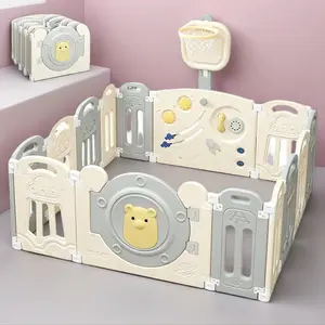 Baby Playpen 14-Panel with Adjustable Basketball Hoop,Lock Door,Adjustable Game Panel,Foldable Toddlers Play Yard, 14-Panel Safety Kids Fence for Indoor & Outdoor,Baby Gate Activity Centre, Gray White