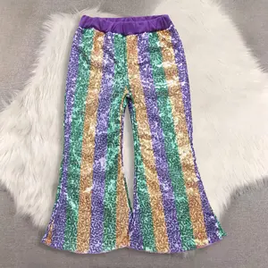 New Clothes Girls Sequin Pants Purple Gold Green Stripe Mardi Gras Glittery Trousers for Kids