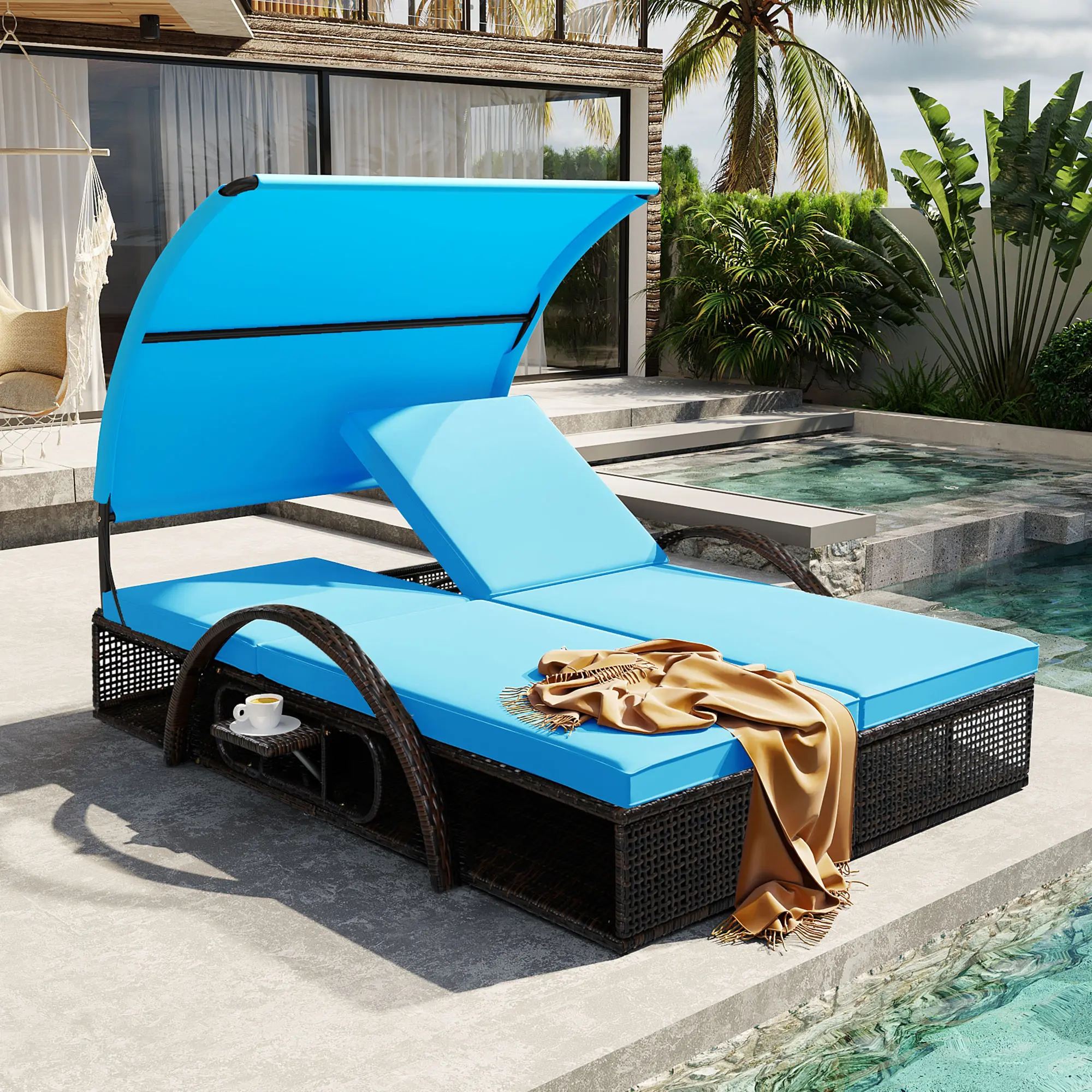 Outdoor Steel Frame Double Sun Lounger with Adjustable Backrest, Hidden Side Table, Arched Armrests for Patio Pool Deck Garden Backyard, Heavy Duty Sunbed for 2 Persons, Relaxation Lounger, Living Room Table for Sofa Side, Bedroom, Office