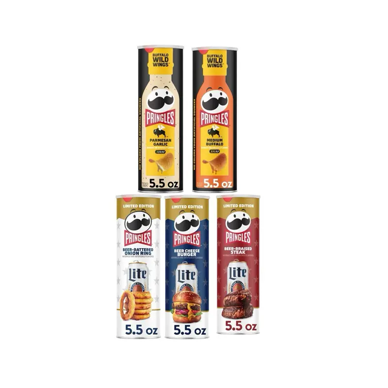 2026 Limited Edition Pringle Bundle of 5- Buffalo Wild Wings Garlic Parmesan, Medium Buffalo, Miller Lite Onion Rings, Cheeseburger, & Braised Steak