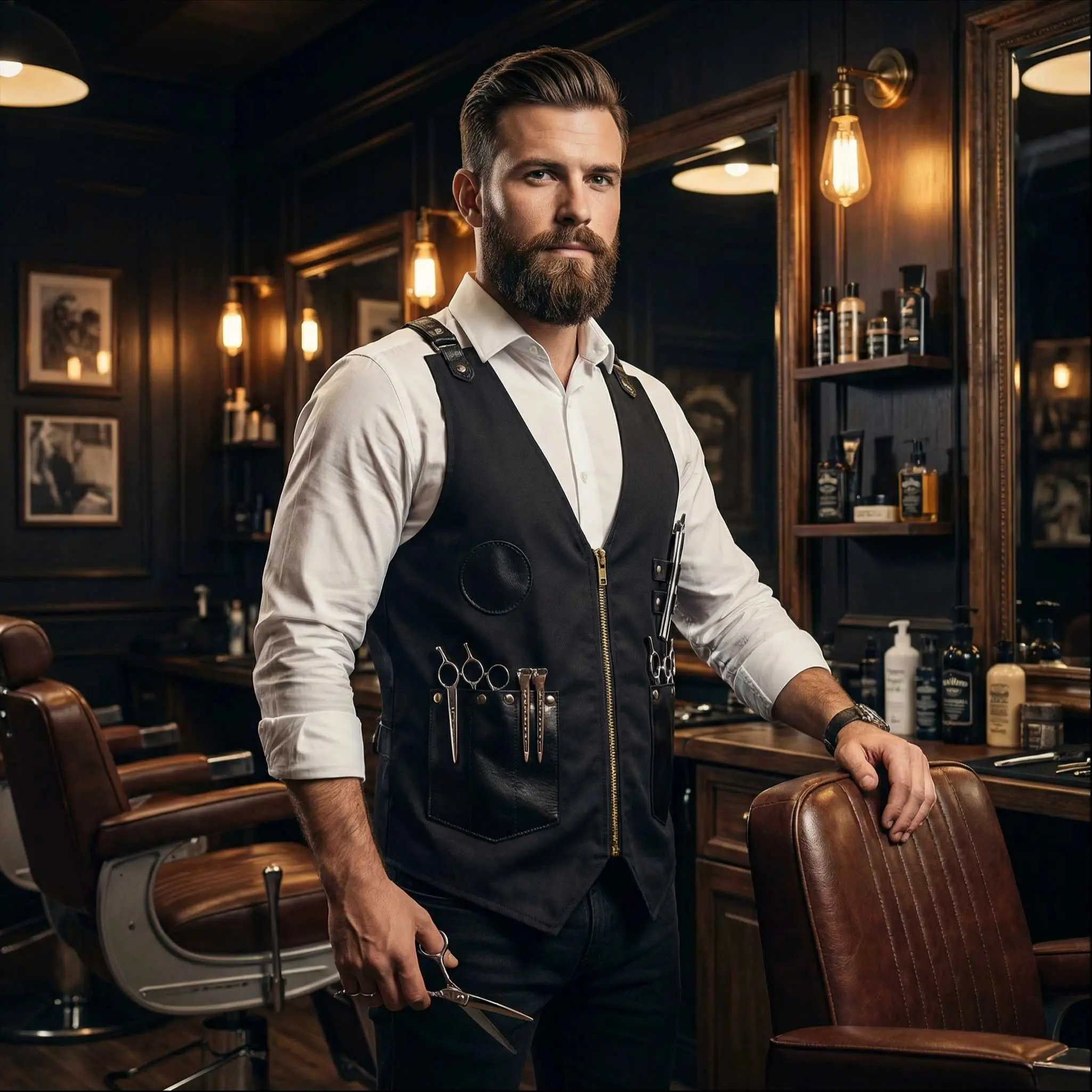 Professional Adjustable Durable Traditional Lightweight Denim Barber Vest - Black, Barber Apron for Haircare Stylists, Tool Organization, Custom Fit, Cotton Blend, Crafters, Polyester Mix, Tool Access, Barber Work