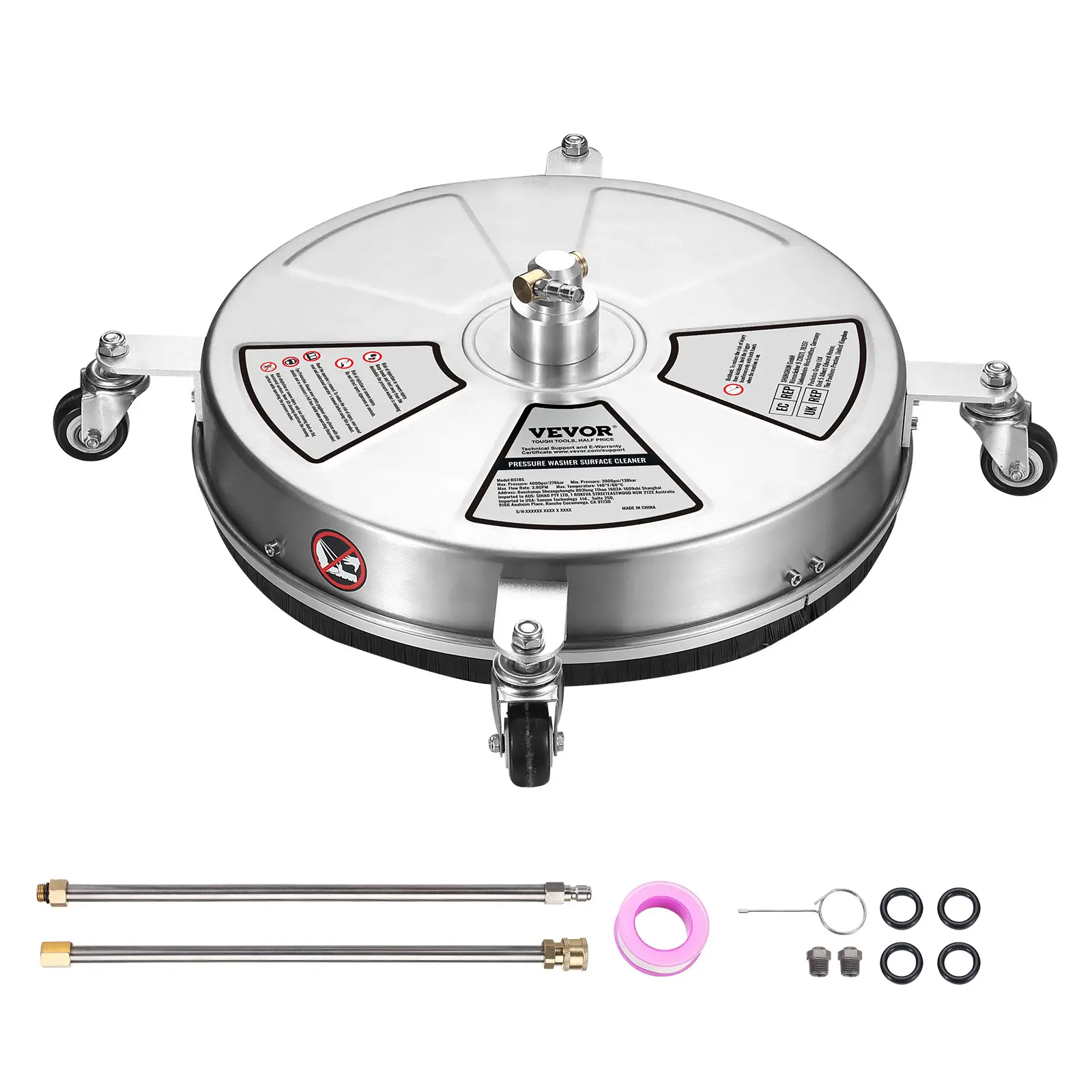 VEVOR 18" Pressure Washer Surface Cleaner w/ Wheels, Stainless Steel Concrete Cleaner 4000 Max PSI , 1/4" Quick-Connect Connector w/ 2 Extension Wand,