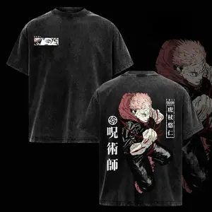 Menswear Jujutsu Kaisen Itadori Yuji Execution Arc Distressed Vintage Washed Round Neck Short-Sleeve T-Shirt, Festive Valentine Unisex Oversized Streetwear, Soft Cotton Casual Top, Cursed Energy Inspired Gift for JJK Fans