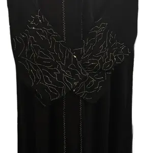 (No Return) Crystal Straight Abaya with Hijab and Button for Open or Close Abaya Featuring Elegant Rhinestone Embellishments