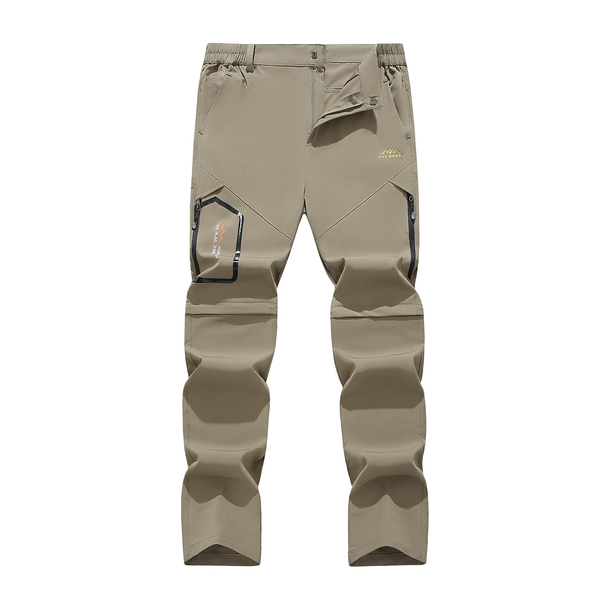 Men's Stylish Beige Windproof Non-Stretch Pants - Adjustable Waistband, Multi-Zipper Pockets, Removable Legs, Machine-Washable Casual Fitted Bottoms with Fitted Cut for Hiking, Construction