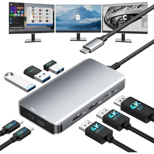 USB-C Docking Station Dual  Adapter, Laptop Docking Station 3 Monitors Triple Display USBC Hub Dongle to 4K60Hz HDMI+DP,3 USB3.0,100W PD,USB C Data,8-in-1 Dock for ,,,Surface