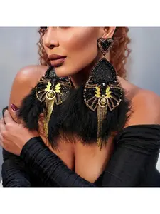 New European and American style tassel feather earrings, exaggerated diamond-studded earrings, party accessories for women