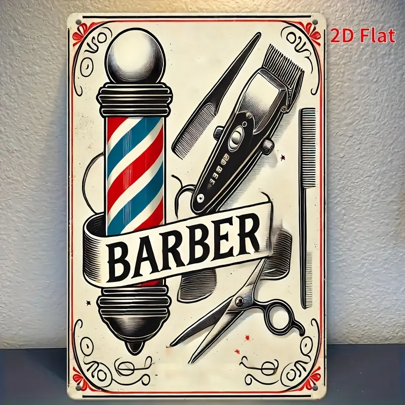 1PC 2D Flat, Vintage Barber Shop Tin Sign, Metal Signs - Vintage Metal Wall Art with Scissors, Comb, and Striped Column Design - Home, Garage Wall Decoration, Barber Shop Decor