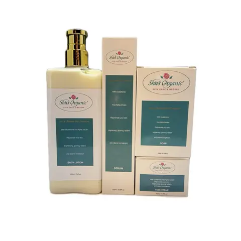 Sha's Organic Skincare Ultimate Skin Corrector Bodycare Package Set - 250g Glutathione & Alpha Arbutin Liquid Lotion, 50ml/120ml Vitamin C Infused Formula, Daily Brightening Care for Adults (24 Months Shelf Life, All Skin Types)