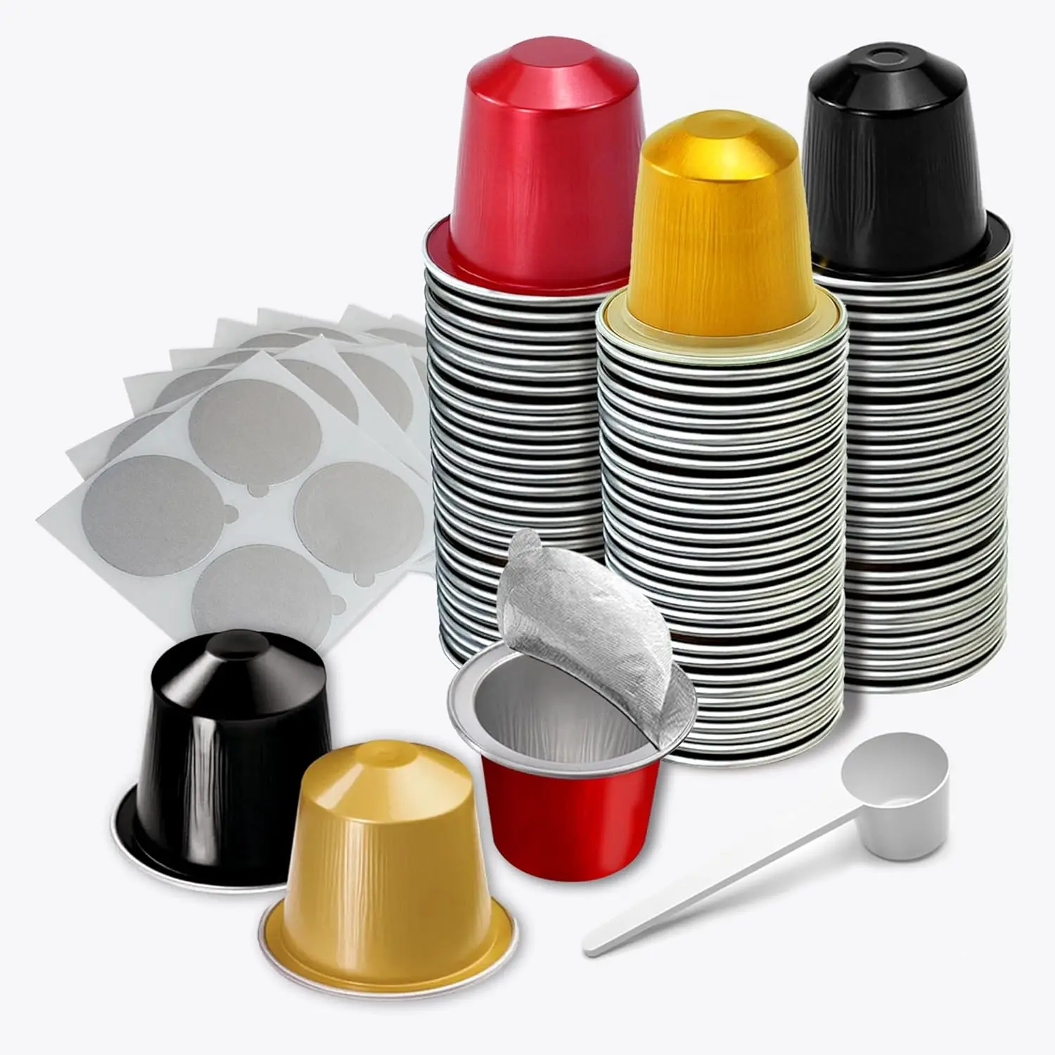 Espresso Capsules Refillable Coffee Pods For   Line,Disposable Aluminum Coffee Filter Capsule,Replacement Pods Kit For  Machine (60 Foil Seals Lids+60 Pods+1 Spoon)