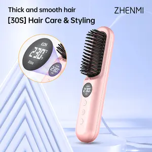 ZHENMI Hair Straightener Brush - Upgraded Ionic Plus Straightening Brush with Dense Bristles, 11 Temps, Dual Voltage | Ceramic Hot Comb for Women | Flat Iron for Thick Curly Hair