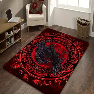 Viking Raven Rune Pattern Non-Slip Floor Mat Soft Washable Area Rug for Living Room Bedroom Entryway Norse Mythology Themed Home Decor