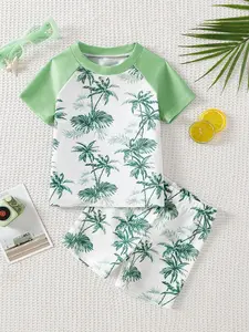 Baby clothes, baby products, baby summer swimsuit set, baby light green color blocked short sleeved swimsuit top+same pattern quick drying shorts set, tropical palm leaf print+contrasting edge decoration, Easter gift, suitable for beach vacations