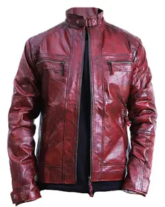 MotorCycleJackets Men's Quilted Maroon Cafe Racer Leather Jacket