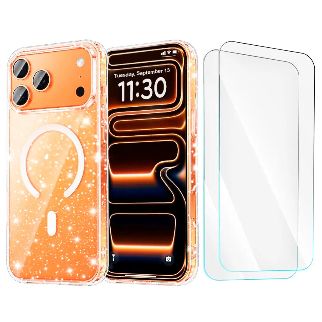 Entronix Bundle for iPhone 17 Air/Pro Max – Magnetic Glitter Clear Case, 2 Clear Screen Protectors Shockproof Bling Protective Cover Set